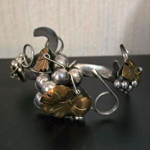 Vintage Taxco Mexican Sterling Silver Grape and Leaves Cuff Bracelet